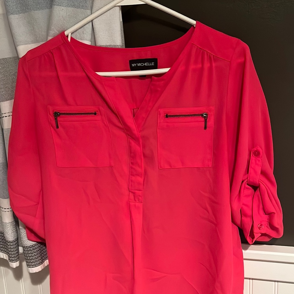 My Michelle XS: Hot pink sheer blouse, dark grey zippers, buttons on the side